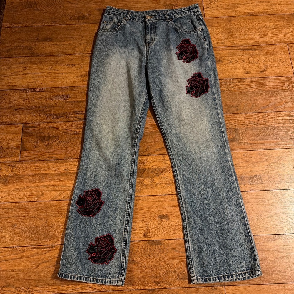 Copper Key Rose Patch Light Wash Denim Jeans Floral Applique Straight Leg 16